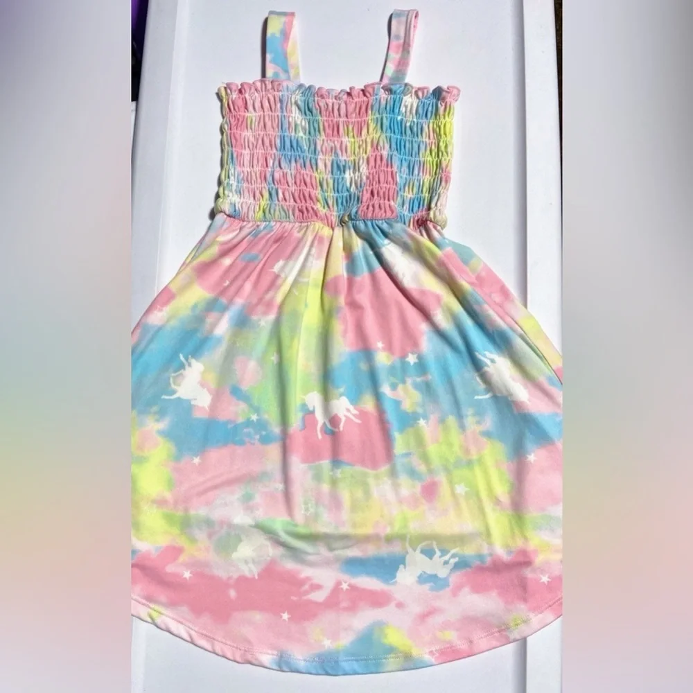 Kids Girls Size XS 4/5 Maxi Dress Set Of 2 Tie Dye Unicorn & Blue Flowers NEW